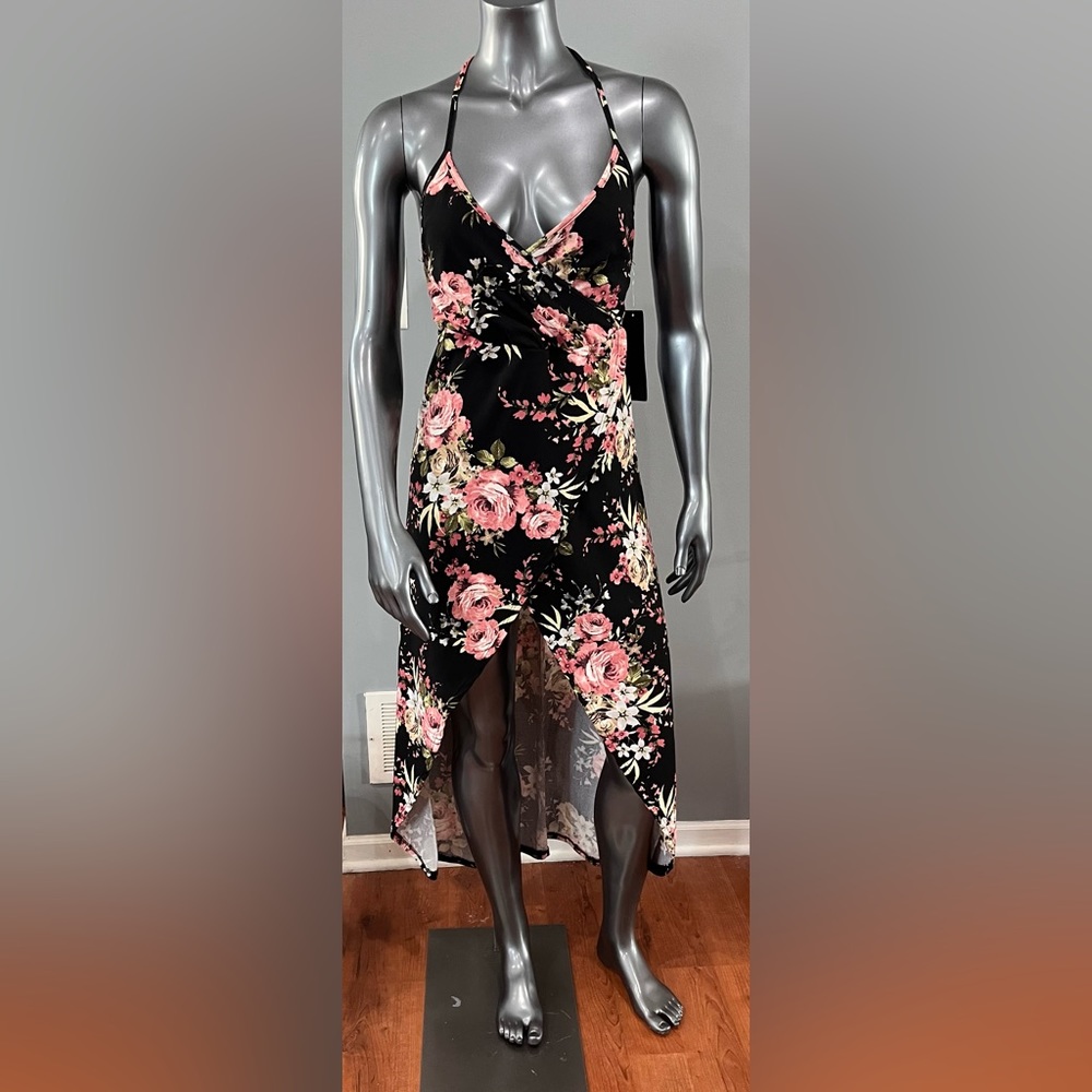 NWT Black Floral High Low Spaghetti Crisscross Strap Maxi Dress